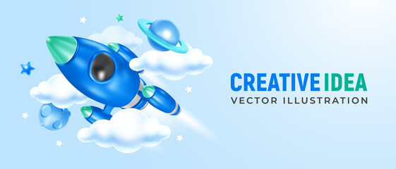 3d realistic Rocket or spaceship flies in space with planets and clouds on blue background. Start up, launch new project, business challenge or achievement concept. Vector illustration. 