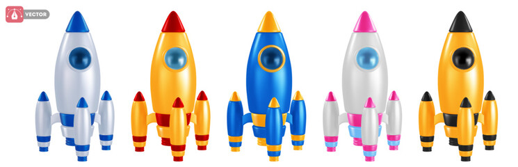 3d realistic Rocket, spaceship set, various colors, isolated on white background. Start up, launch new project, business achievement concept. Vector illustration