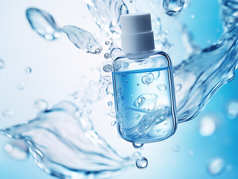 Liquid blue hydrating serum in glass bottle