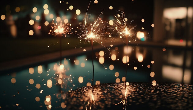Happy New Year, Glittering burning sparkler with swimming pool bokeh light background, new year count down, Birthday party and celebration.