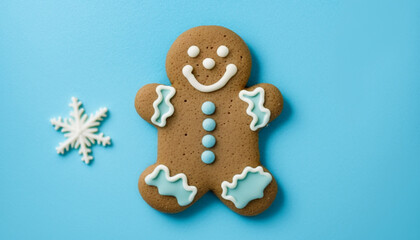 Gingerbread biscuit with snow man and icing as snow for Christmas and happy New Year celebration and party ,Cookies and bakery. Winter season