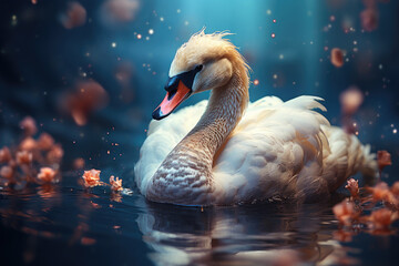 Fototapeta premium A beautiful swan swims on the water on a magical background.Wallpaper. Magic space fantasy postcard