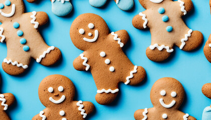 Gingerbread biscuit with snow man and icing as snow for Christmas and happy New Year celebration and party ,A Cookies and bakery. Winter season