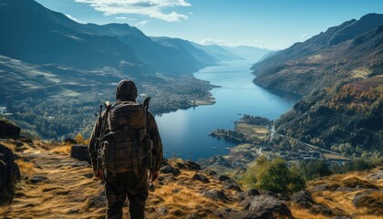 Soldier hiking by the Military base overlooking. Deployment tones