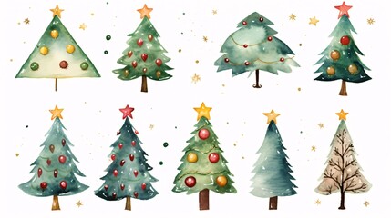 Obraz premium Set of watercolor cartoon christmas trees with decorations. Hand drawn illustration isolated on white background