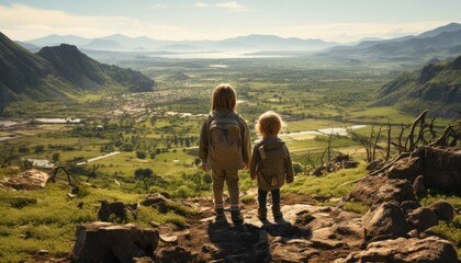 Toddlers hiking by the Theme park overlooking. Fun tones