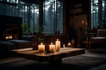 Fototapeta na wymiar interplay of minimalist aesthetics and raw, natural beauty in a forest farmhouse's living room, anchored by a live-edge wooden coffee table bathed in soft candlelight.