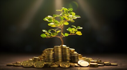 growth money young tree growing on stacks of coins Multiple sources of income - obrazy, fototapety, plakaty