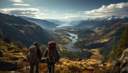 Fototapeta na wymiar Sightseers hiking by the Scenic overlook overlooking. Panoramic tones
