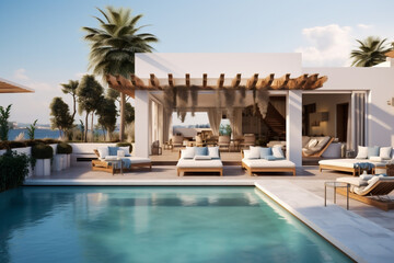 Luxurious decor house with huge swimming pool and biocimlatic pergola.  - obrazy, fototapety, plakaty