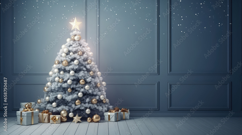 Poster christmas tree with presents in classic interior.