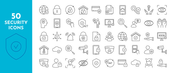 Fototapeta na wymiar Security and protection line icons set. Password, shield, lock, camera, video surveillance, key, fingerprint, security. Isolated on a white background. Vector stock illustration.