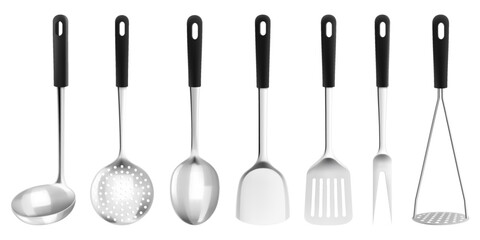 Set of kitchen cooking utensils such as soup ladles and slotted spoons, kitchen Spatula, Potato Masher, Skimmer Spoon, meat fork, 3d realistic mockup vector illustration isolated on white background.