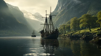 Papier Peint photo Navire viking ship in a fjord landscape. green lush vegetation nautre
