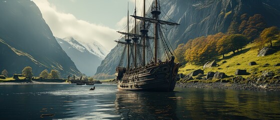 viking ship in a fjord landscape. green lush vegetation nautre - obrazy, fototapety, plakaty