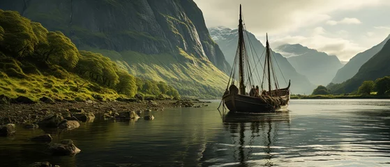 Fototapeten viking ship in a fjord landscape. green lush vegetation nautre © Gasi