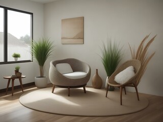 Contemporary Living Room with Round Rug and Plants