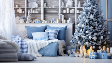 Christmas tree with blue pillows and candles in bedroom.
