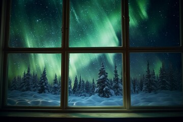 View of the northern lights in the winter forest from the house window. Aurora Borealis.