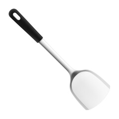 Kitchen Spatula Stainless steel isolated on white background. A silver metal cooking spatula with black handle. Realistic 3D vector illustration. Kitchen utensils for cooking, tableware