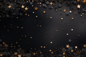 Abstract festive dark background with gold and black stars. New year, birthday, holidays celebration. - obrazy, fototapety, plakaty