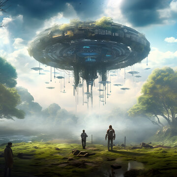 Art image that portrays a distant future where technology and nature have merged and evolved together in a strange, ethereal landscape. Sci-fi elements such as robots, flying machines