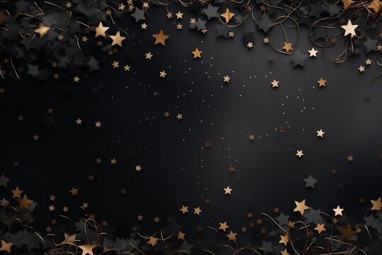 Abstract festive dark background with gold and black stars. New year, birthday, holidays celebration.