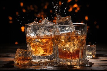 Splashing Whiskey over ice cubes.