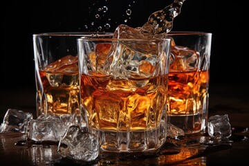 Splashing Whiskey over ice cubes.