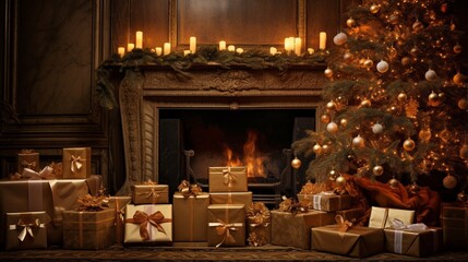 Fototapeta na wymiar A Photograph Softly lit, with warm hues, capture the elegance of Christmas gift boxes nestled near a majestic fir tree