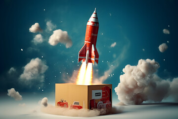 Rocket coming out of a box, 3d rendering toned image. ia generated