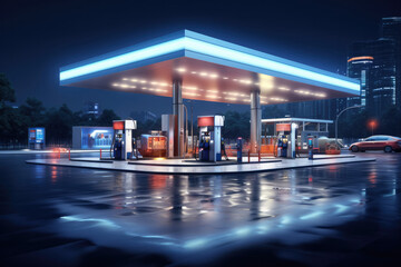 A well-lit fuel station at night serving vehicles and supplying the transportation industry. - obrazy, fototapety, plakaty