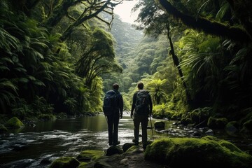 Travelers in a dense forest, surrounded by greenery and a flowing river.