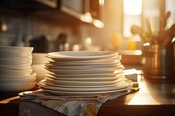 A clean and modern collection of ceramic plates, crockery and cutlery neatly stacked in a kitchen setting. - obrazy, fototapety, plakaty
