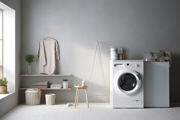 Modern laundry room in a clean house with modern machines for home cleaning and washing. - obrazy, fototapety, plakaty
