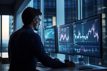 Fototapeta premium A businessman in a modern office analyzes financial data, stock market trends and investment strategies using computer monitors and graphs on their screens.