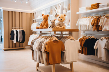 A modern boutique clothing store with a variety of stylish fashion items, including clothing for babies and children, displayed on colorful racks and shelves. - obrazy, fototapety, plakaty