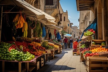 A bustling street market in the old town where tourists explore stalls selling traditional food and souvenirs. - obrazy, fototapety, plakaty