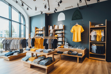 Inside the modern children's clothing boutique, there is a wide selection of stylish clothes for children.