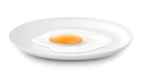 Plate with delicious fried egg, isolated on white background. Realistic 3D vector illustration. delicious breakfast, side view