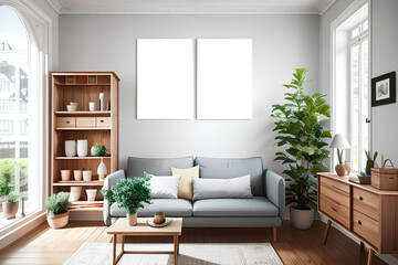 Fototapeta na wymiar Two vertical frames mockup in interior with sofa