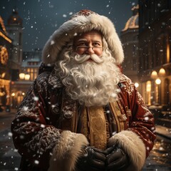 Fototapeta premium Santa Claus in a beautiful suit walks through the streets of the city. a handsome, kind grandfather with a beard, a New Year's character in fairy tales and stories. Festive Christmas atmosphere
