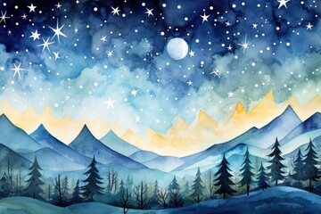 winter night with mountain and full moon. starry night. Watercolor Painting. Generative AI 