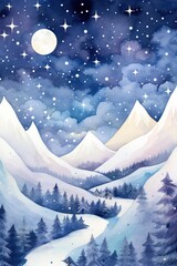 Fototapeta premium winter night with mountain and full moon. starry night. Watercolor Painting. Generative AI 