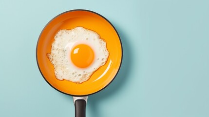 Top view of a fried egg on a blue frying pan next to uncooked whole eggs and eggshells in darkness, isolated on an orange background.