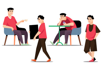Fototapeta premium Man character in different situations. People at a coffee shop. Vector illustration.