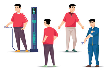 Man character in different situations. men in various poses with EV car charger. Vector illustration.