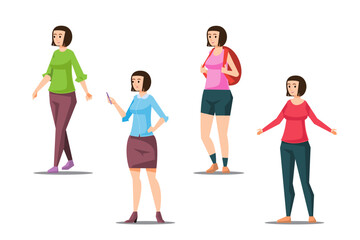 Fototapeta na wymiar Set of female characters in casual clothes. Women of character woman in casual wear standing vector illustration