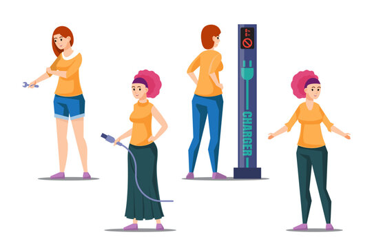 Women character in different situations. Women in various poses with EV car charger. Young women with different hairstyles and body types. Vector illustration.