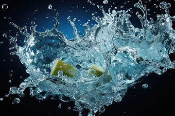 Fresh water splashes and drops over crushed ice.